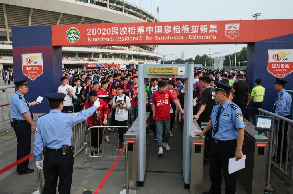 球迷在球场入口通过安检与检票，工作人员指引清晰，人群有序